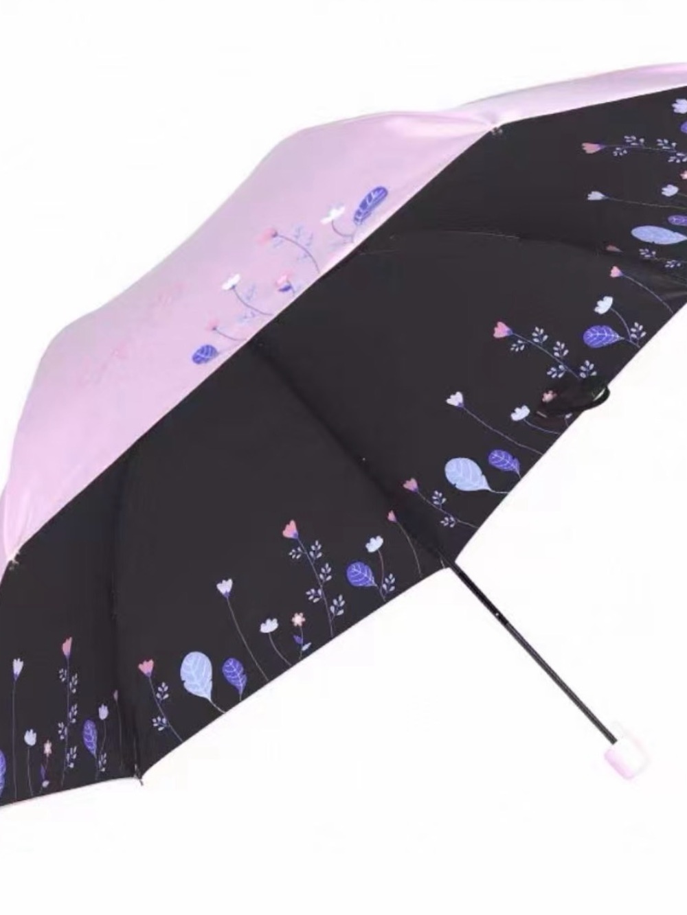 Compact Floral Print Umbrella in Black and Light Pink